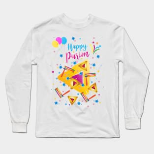 Purim Festival Kids Party Gifts Basket with Hamantaschen cookies, gragger traditional symbols. Jewish Holiday Long Sleeve T-Shirt